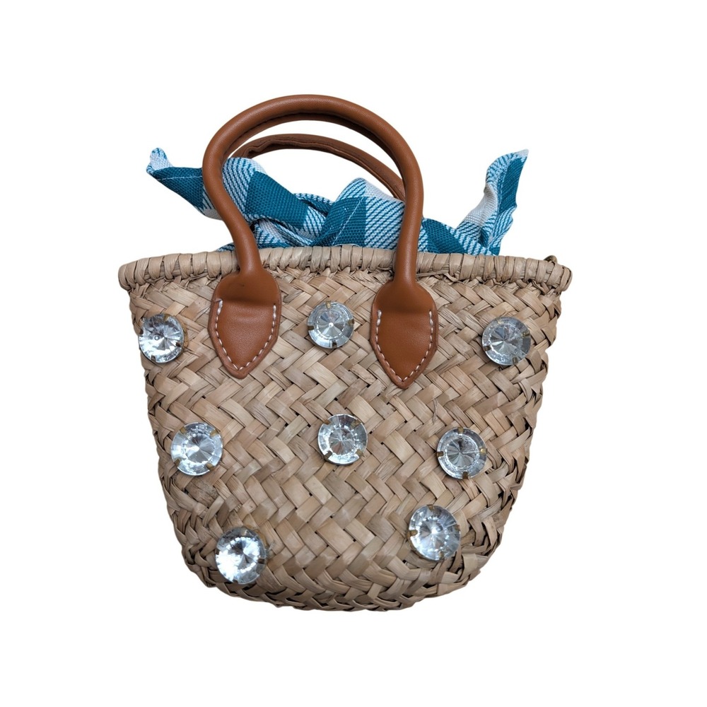 Woven Straw Mini Basket Bag Rhinestone Crystal Gingham Summer Beach Boho - Picture 2 of 8